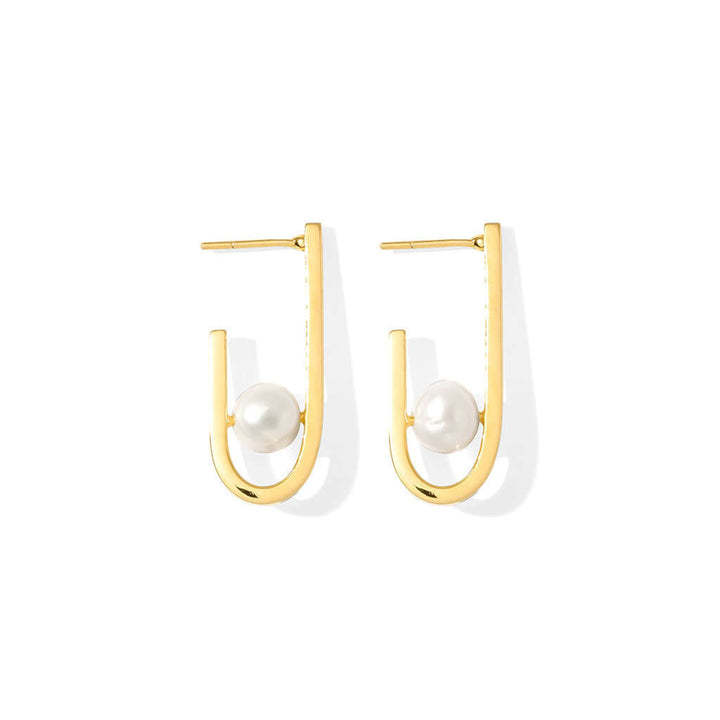 J Hoop Freshwater Pearl Earrings with 14K gold plating, handcrafted from recycled materials, featuring elegant minimalist design.