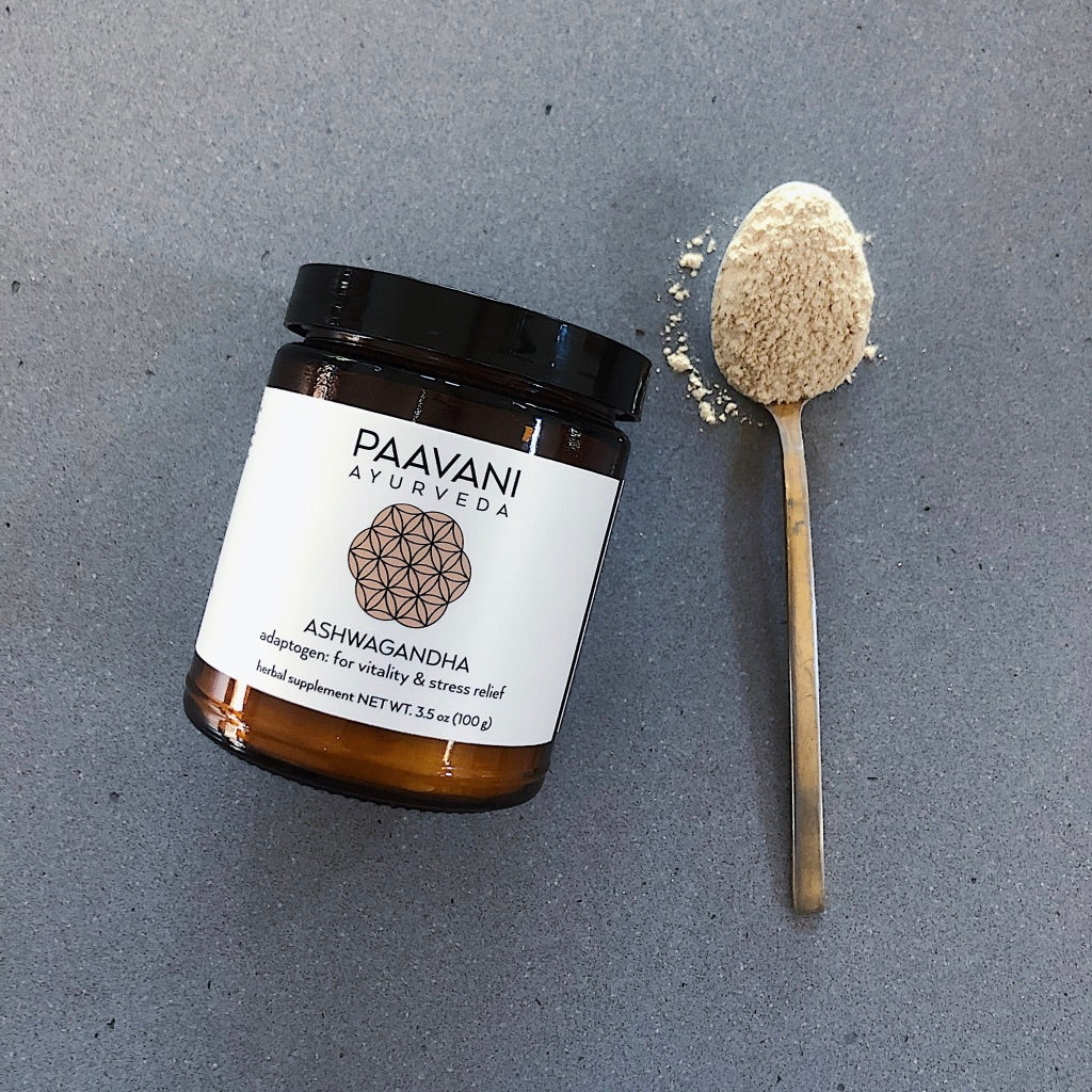 Ashwagandha Powder Jar and Spoonful | Ayurvedic Adaptogenic Supplement | Stress Relief and Mood Enhancer