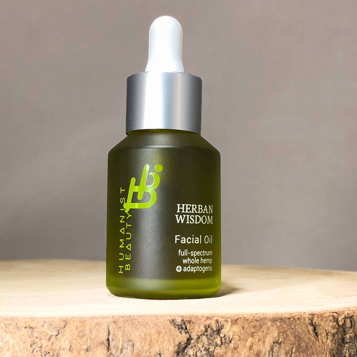 Herban Wisdom facial oil bottle with dropper for nourishing plant-based skincare routine