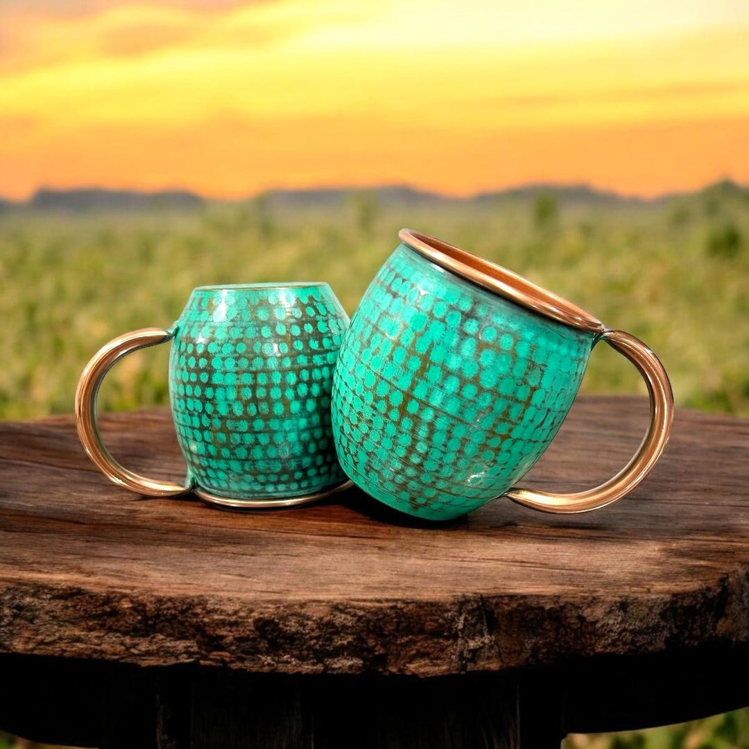 Set of Two Copper Barrel Mugs - Hammered and Mint Patina
