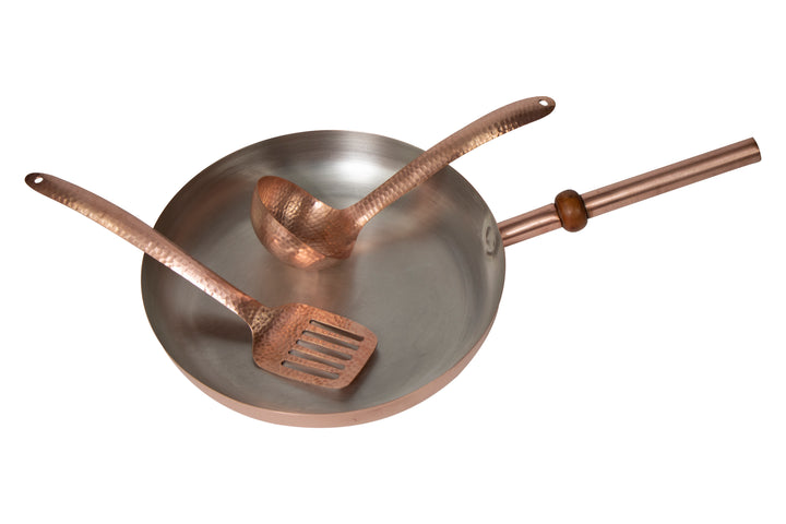 12" Round Plain Copper Pan with Tin Inside, Copper Handle, Ladle and Spatula