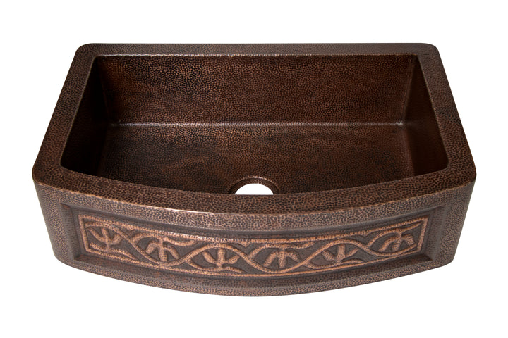 33" Farmhouse Single Well Cactus Design Round Apron Hammered Copper Kitchen Sink