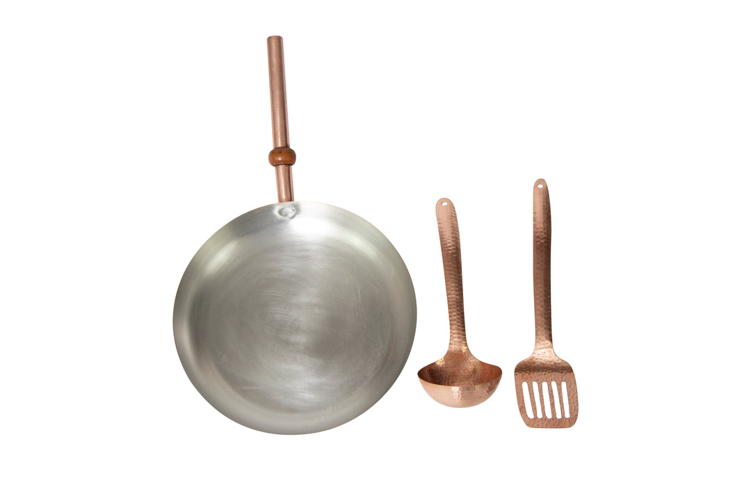 12" Round Plain Copper Pan with Tin Inside, Copper Handle, Ladle and Spatula