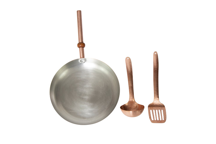 12" Round Plain Copper Pan with Tin Inside, Copper Handle, Ladle and Spatula