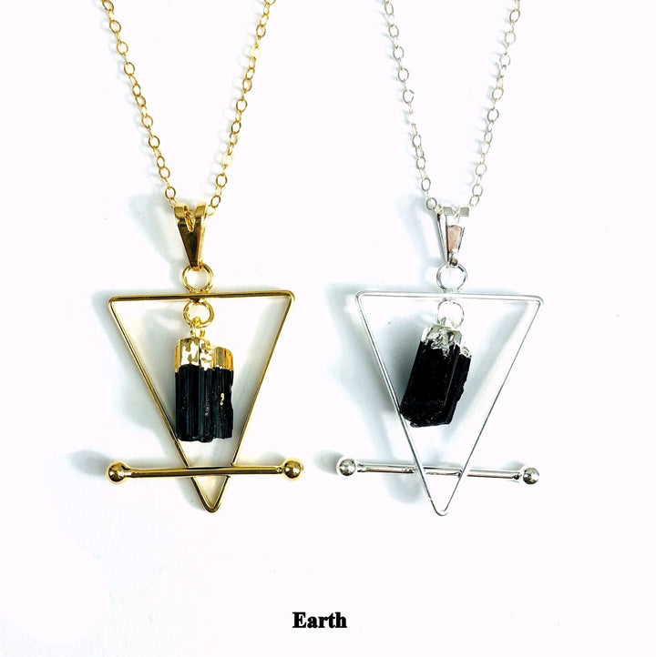 Black tourmaline and quartz crystal pendant necklace in gold plated or silver metal setting on chain