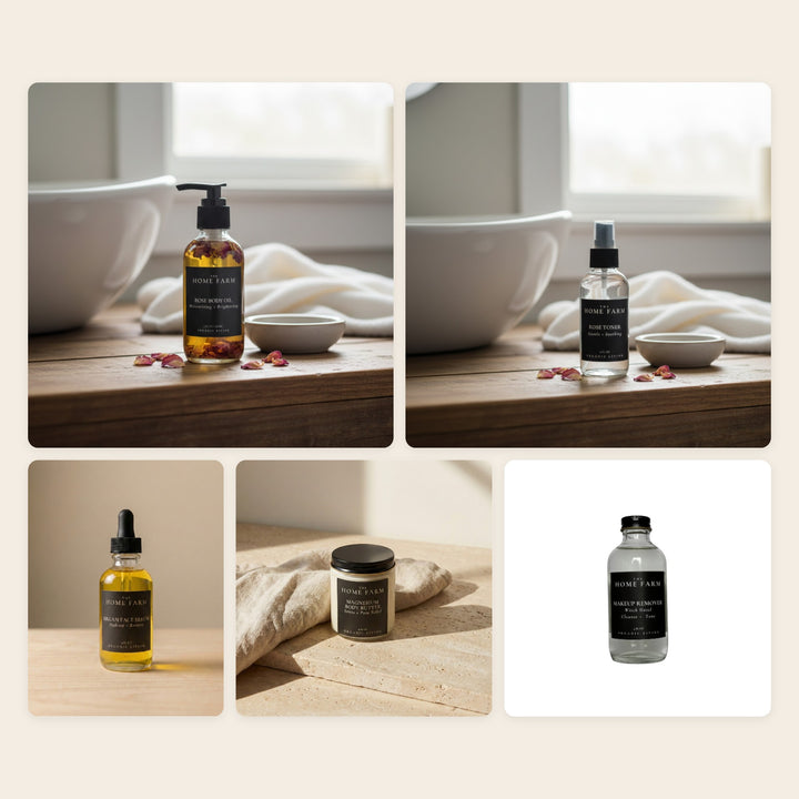 The Rose Ritual Gift Set by The Home Farm: rose body oil, rose toner, argan serum, magnesium body butter and makeup remover