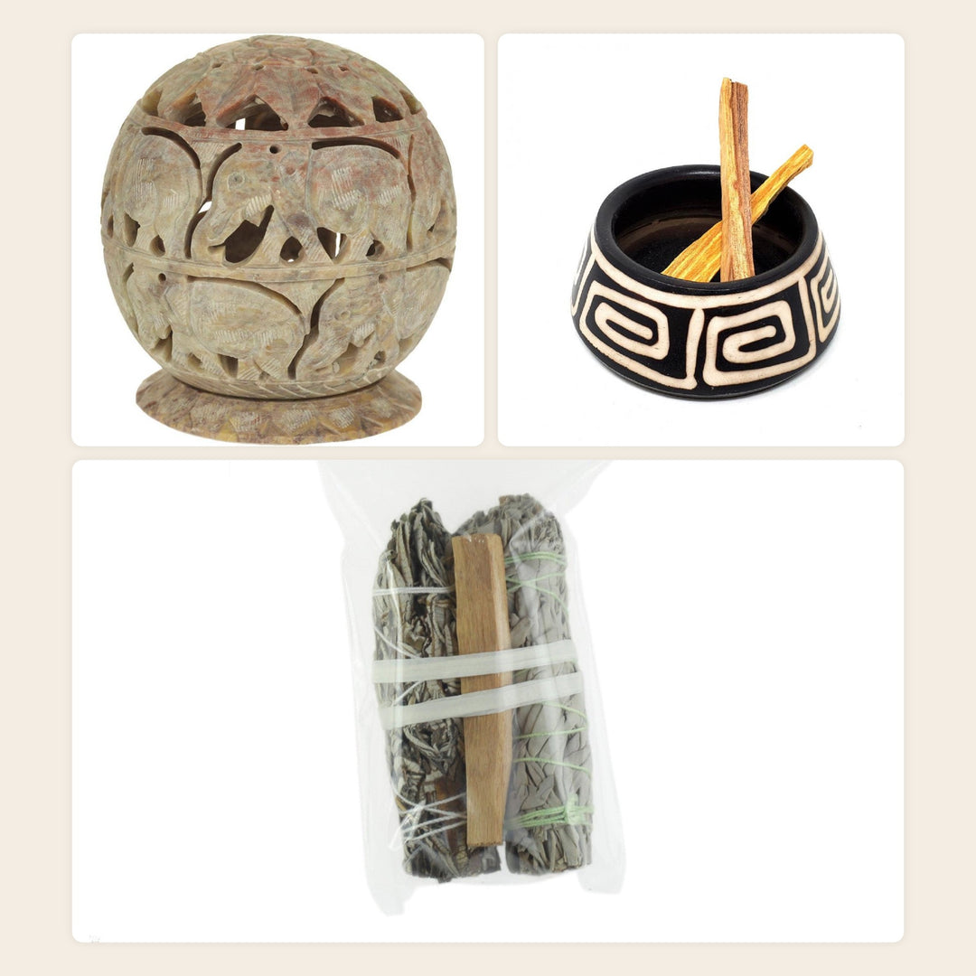 The Sacred Space Set by OMSutra: soapstone elephant tea light holder, ceramic incense burner and smudging kit