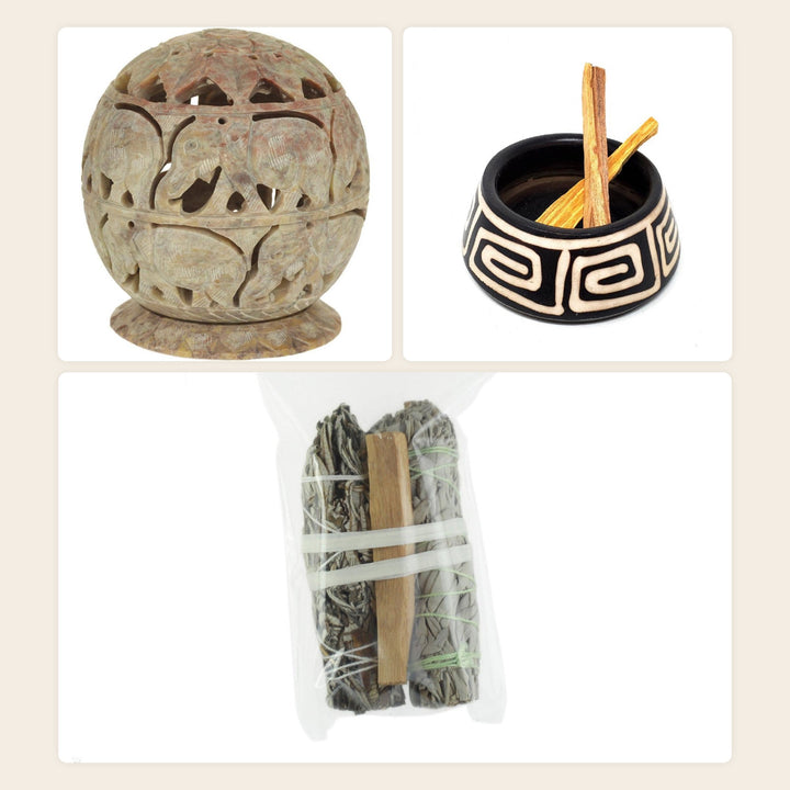 The Sacred Space Set by OMSutra: soapstone elephant tea light holder, ceramic incense burner and smudging kit
