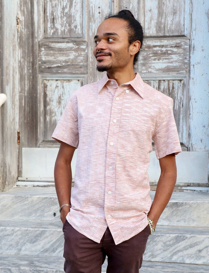 Salmon pink short sleeve button down shirt in handwoven cotton with classic collar and chest pocket