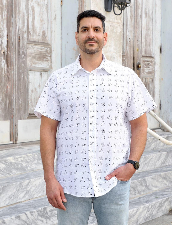 Second Line organic cotton men's button down shirt with hand block print design in breathable handwoven fabric