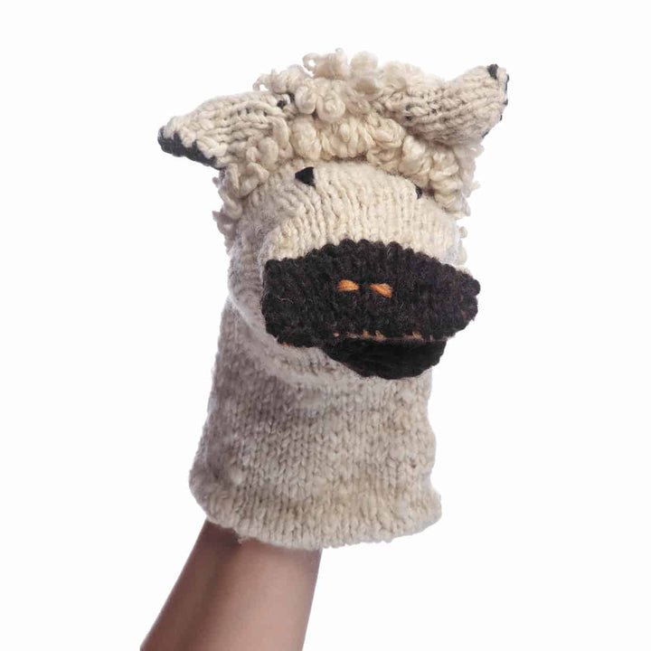 Organic wool hand puppet sheep handknit in natural cream color for babies and toddlers interactive play