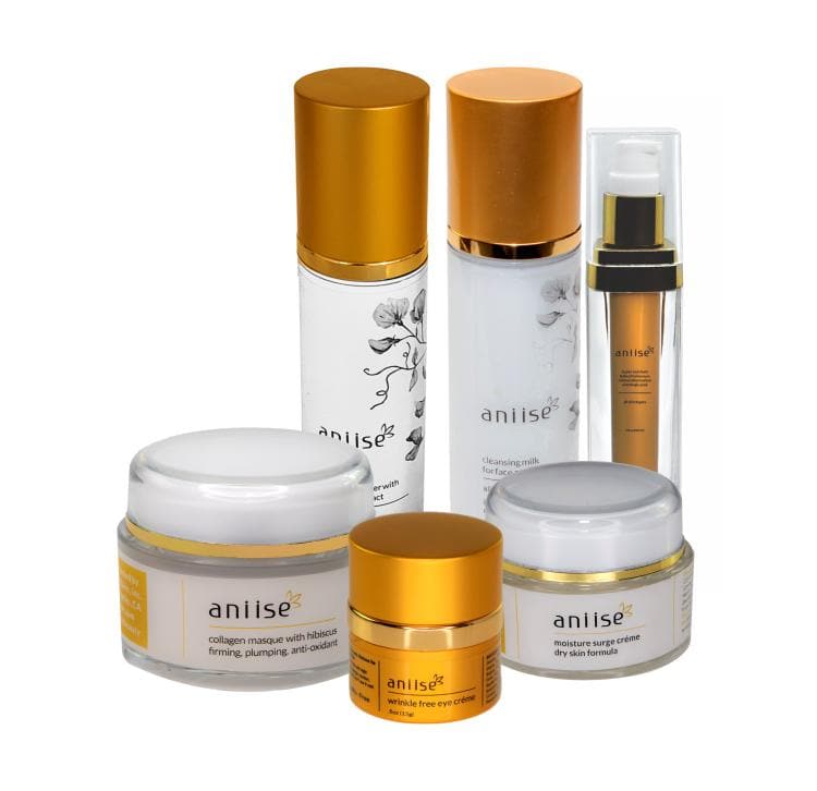 Complete skincare routine kit for your 40s featuring collagen mask with hibiscus, and other hydrating products by Anise.