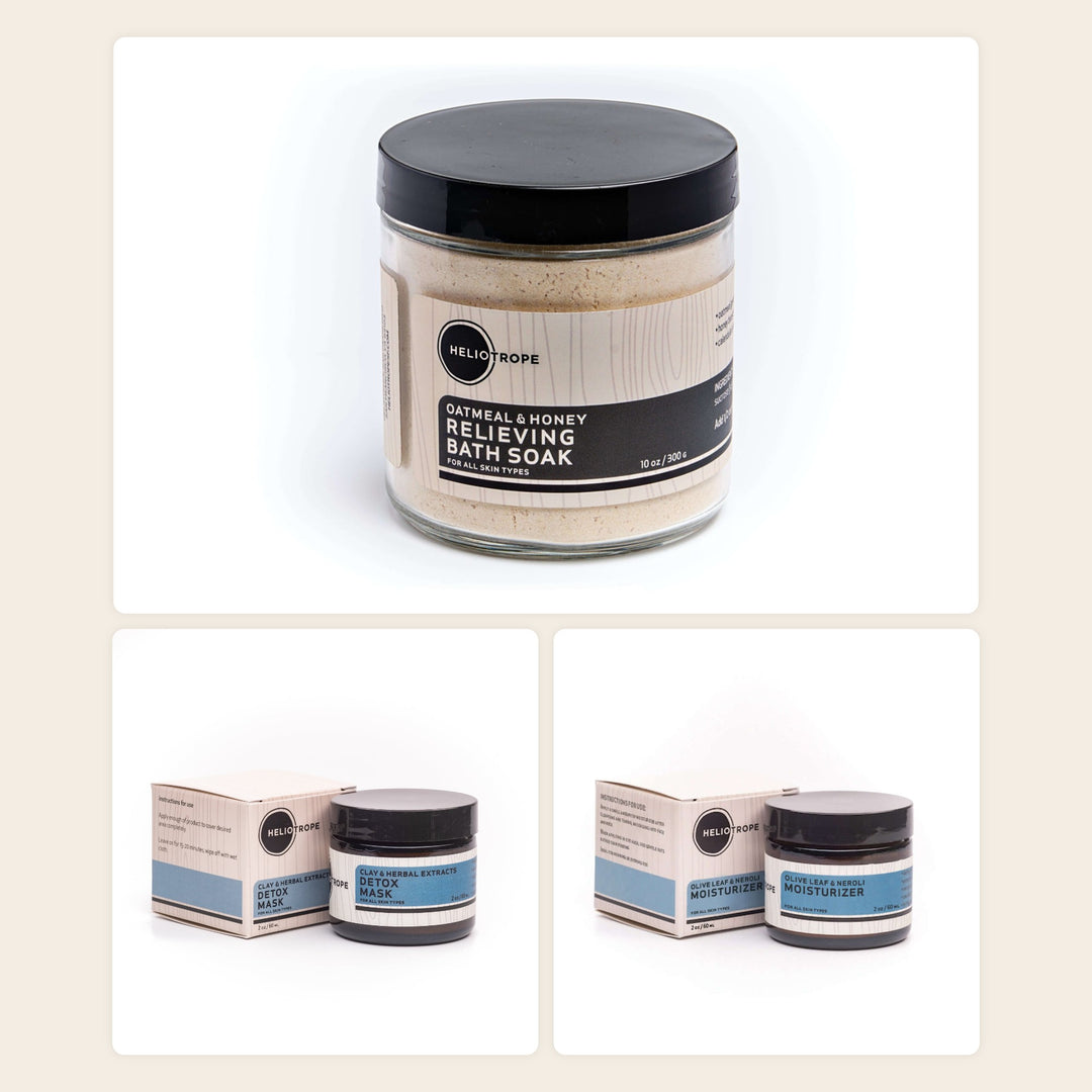 The Slow Sunday Set by Heliotrope SF: oatmeal and honey bath soak, clay face mask and olive leaf neroli moisturizer