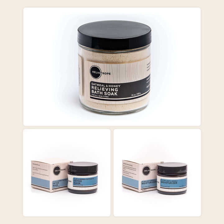 The Slow Sunday Set by Heliotrope SF: oatmeal and honey bath soak, clay face mask and olive leaf neroli moisturizer