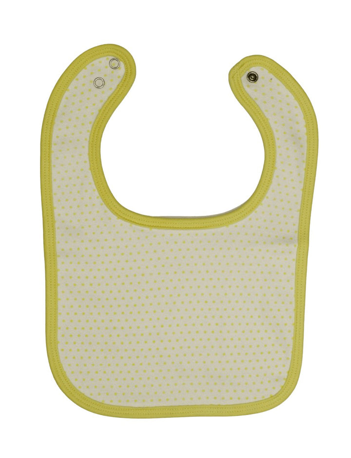 Organic cotton baby bib with white polka dots on colored background with adjustable snap closure