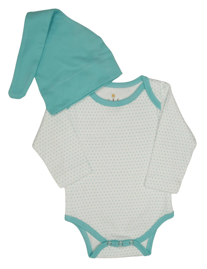 Organic cotton long sleeve baby bodysuit with matching hat in natural colors handmade by fair trade artisans