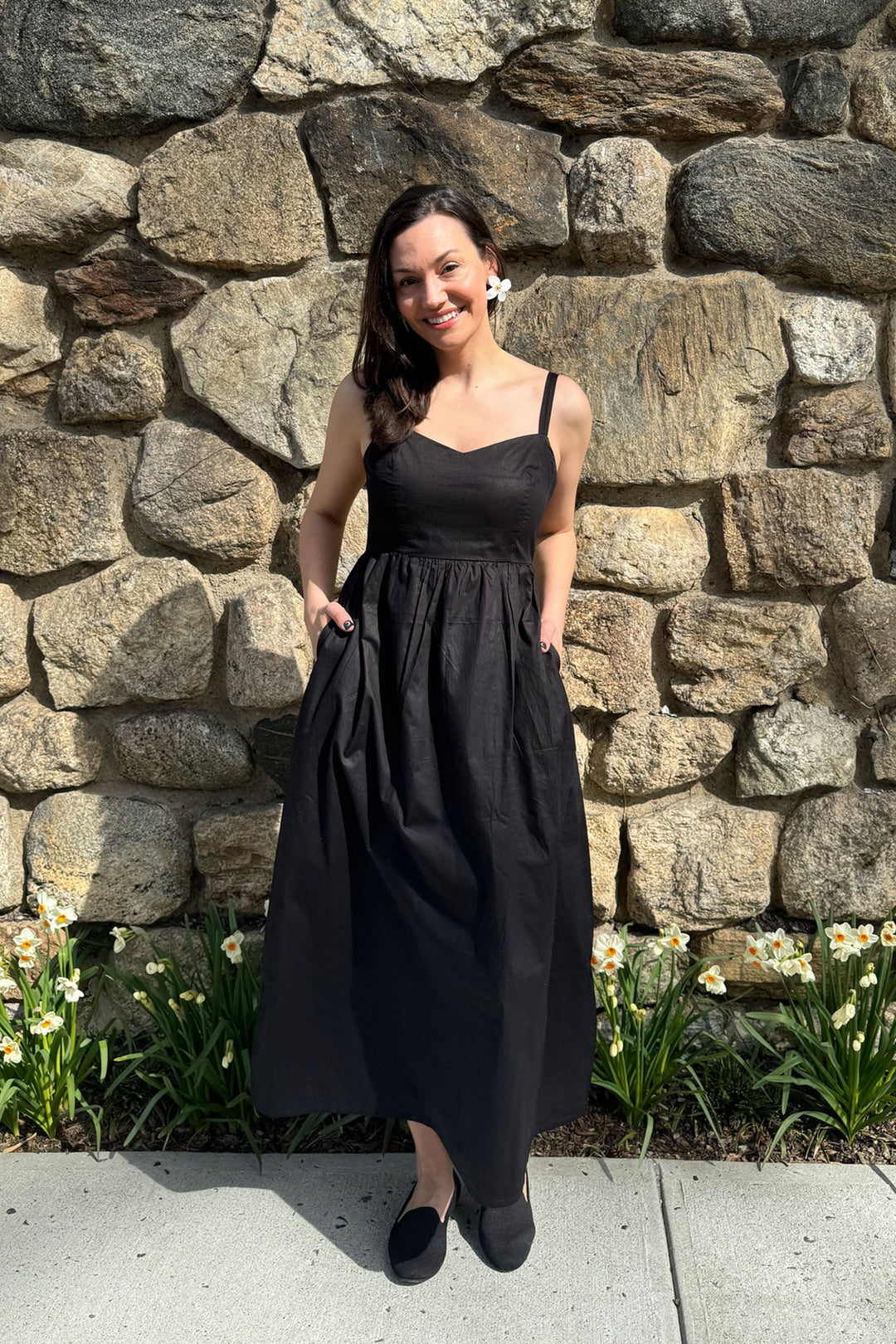 Strappy Gathered Midi Dress - Black