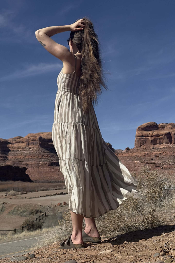 Strappy Tiered Maxi Dress - Beige Stripes