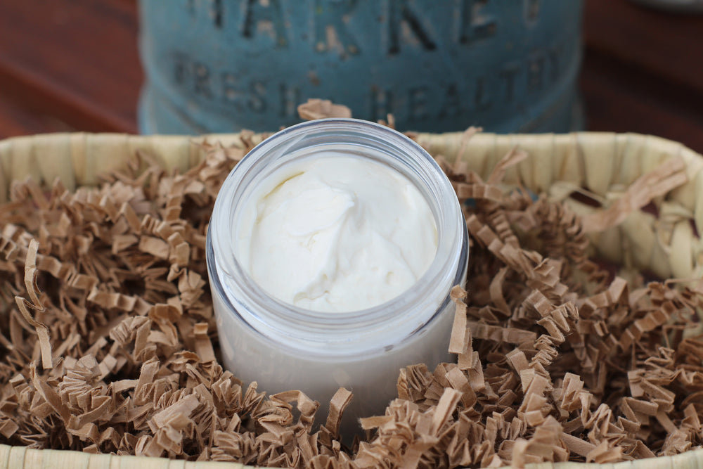 Magnesium Body Butter in a jar with organic vegan ingredients for soothing sore muscles and relaxation, part of the Terra Futura trend.