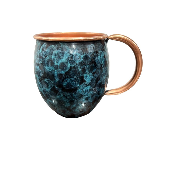 Set of Two Copper Barrel Mugs - Hammered and Stained Blue Patina