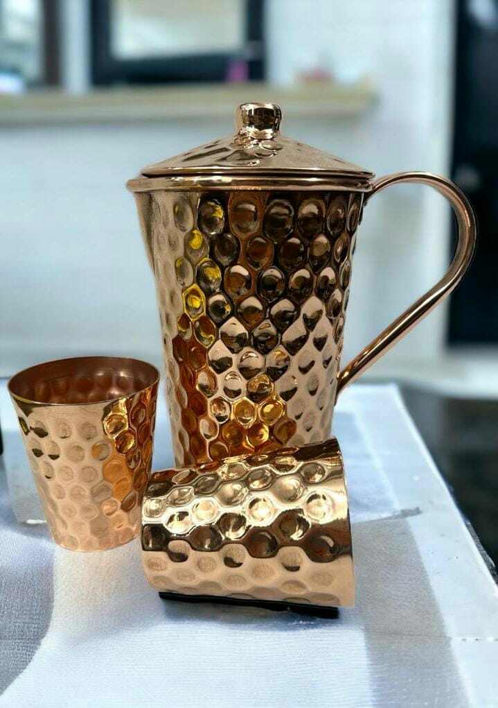 Set of One Copper Pitcher with Top and Two Tumblers - Deep Hammering and Shiny Finish