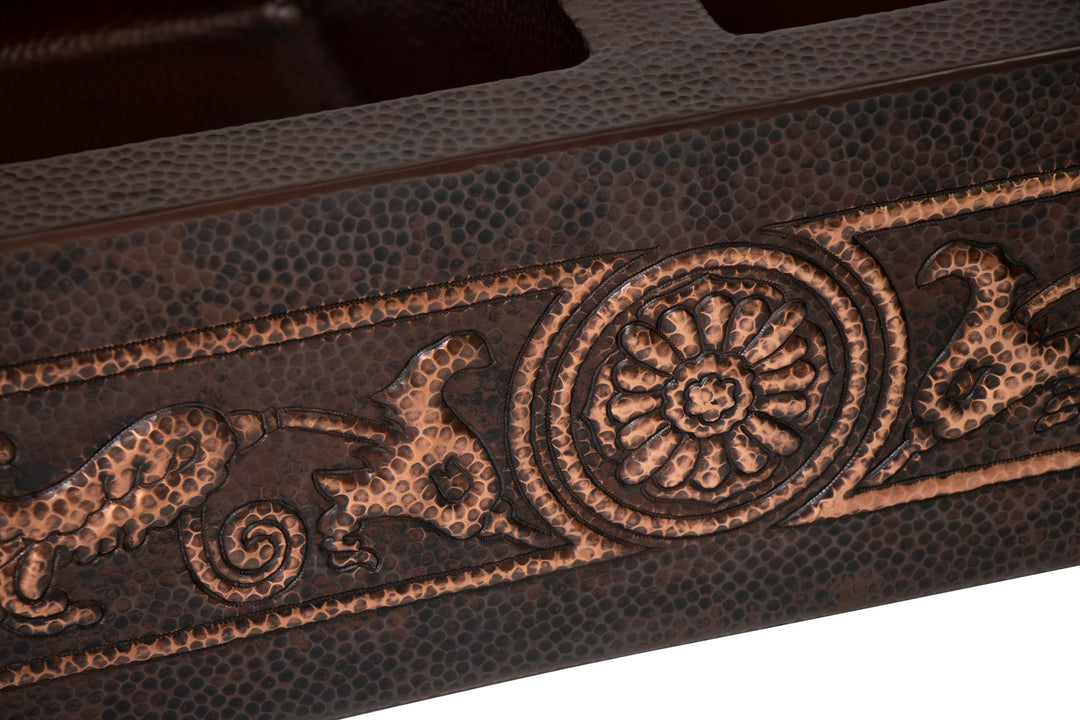33" Farmhouse Double Well 50/50 Flowers Design Straight Apron Hammered Copper Kitchen Sink
