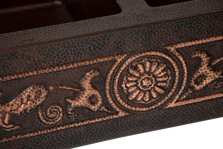33" Farmhouse Double Well 50/50 Flowers Design Straight Apron Hammered Copper Kitchen Sink