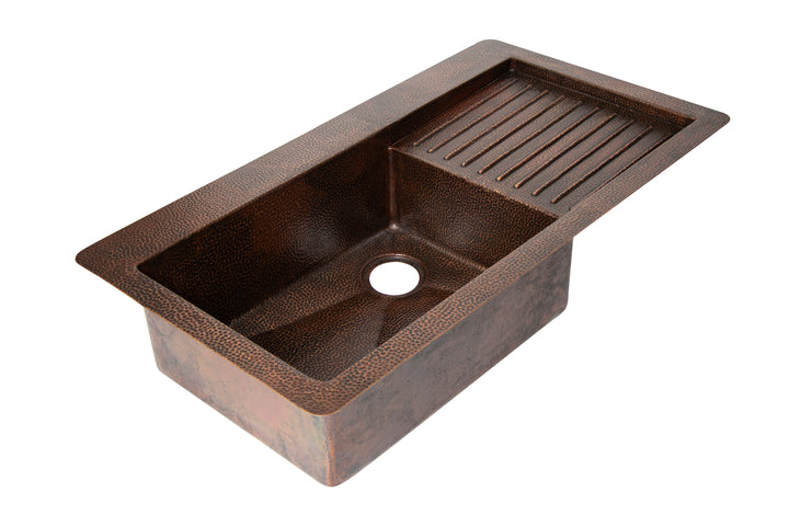40" Drop-in Single Well Hammered Copper Kitchen Sink with Wringer on Right Side