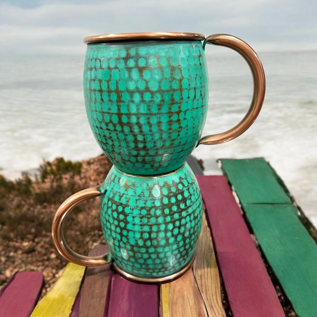 Set of Two Copper Barrel Mugs - Hammered and Mint Patina