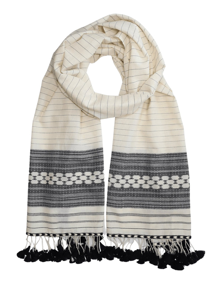 White handwoven cotton scarf with black pinstripes and tasseled edges displayed on neutral background
