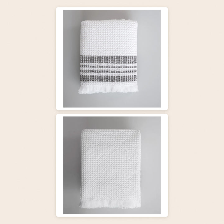 The White Waffle Bath Set by Mungo: organic waffle bath sheet in ash stripe and white waffle hand towels