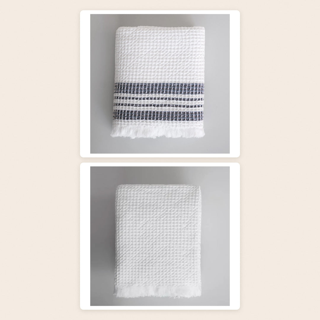 The White Waffle Bath Set by Mungo: organic waffle bath sheet in ink stripe and white waffle hand towels