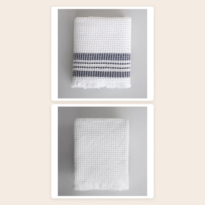 The White Waffle Bath Set by Mungo: organic waffle bath sheet in ink stripe and white waffle hand towels