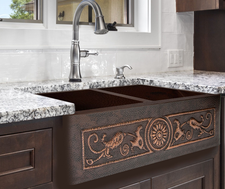 33" Farmhouse Double Well 50/50 Flowers Design Straight Apron Hammered Copper Kitchen Sink
