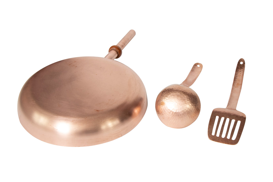 12" Round Plain Copper Pan with Tin Inside, Copper Handle, Ladle and Spatula