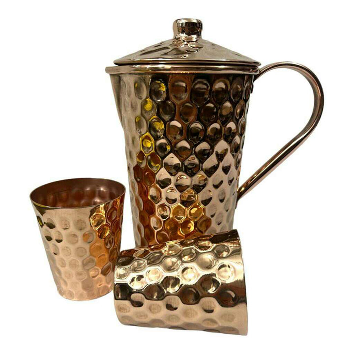 Set of One Copper Pitcher with Top and Two Tumblers - Deep Hammering and Shiny Finish